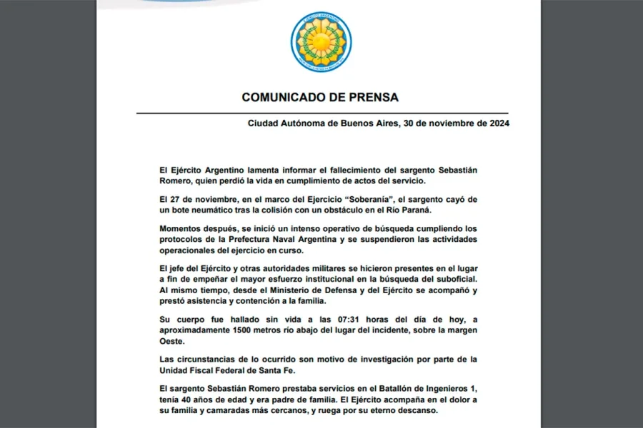 Comunicado del Ej&eacute;rcito Argentino