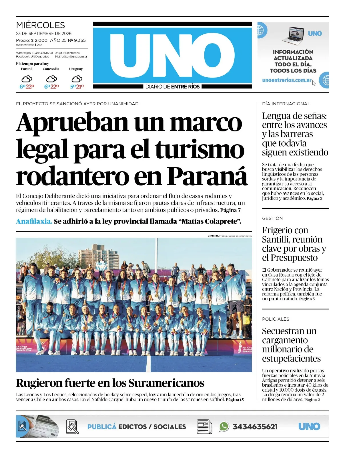 Tapa de Diario UNO Entre Ríos