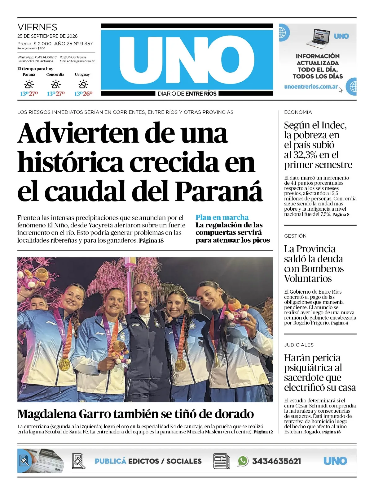 Tapa de Diario UNO Entre Ríos