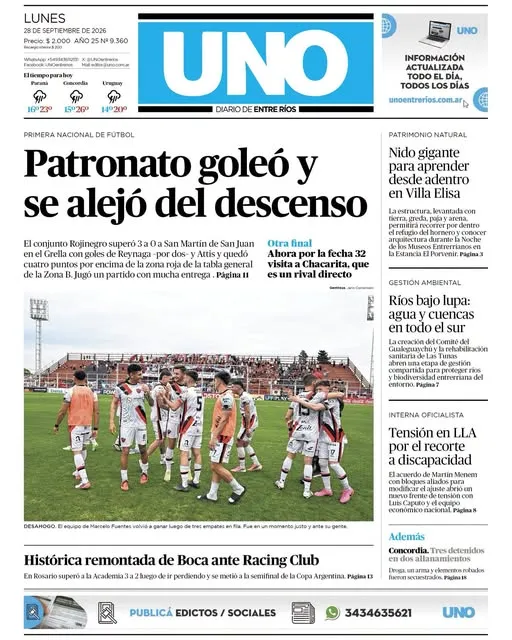 Tapa de Diario UNO Entre Ríos