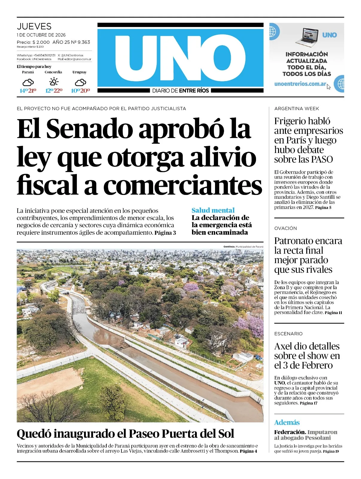 Tapa de Diario UNO Entre Ríos
