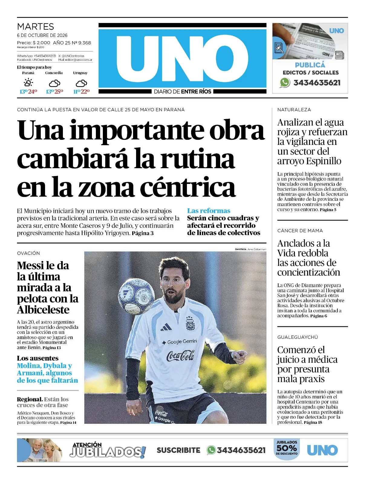 Tapa de Diario UNO Entre Ríos